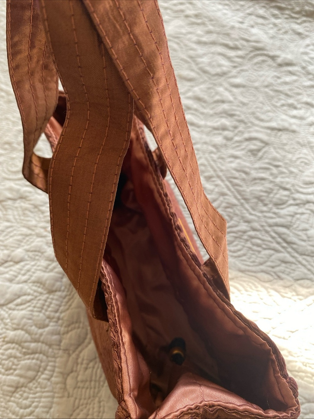 Jim Thompson Silk Mini Tote in Iridescent Rust Brown/ Deep Blush Pink Drawstring - Picture 8 of 16